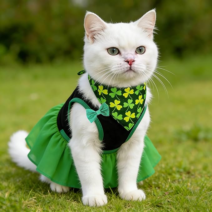 Small Dog St. Patricks Day Outfit Green Dress, Bandana & Bow Clip 3 Piece Irish Pet Cat Costume Accessories L
