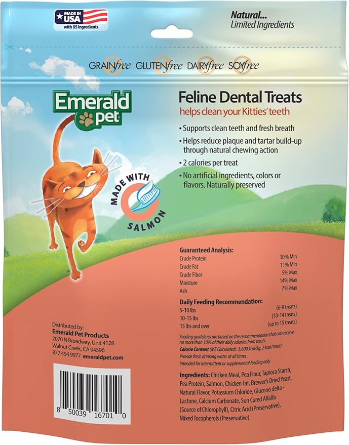 Emerald Pet Grain Free Cat Dental Treats – Crunchy Salmon Cat Treats to Clean Teeth, Reduce Plaque & Tartar, and Freshen Breath – Natural Feline Dental Care, 32 oz