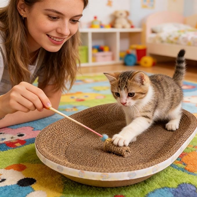 Cardboard Cat Scratcher Bed, Oval Cats Scratch Pad Bowl Nest for Indoor Cats, Cat Scratching Board Corrugated Lounge, Furniture Protector for Couch