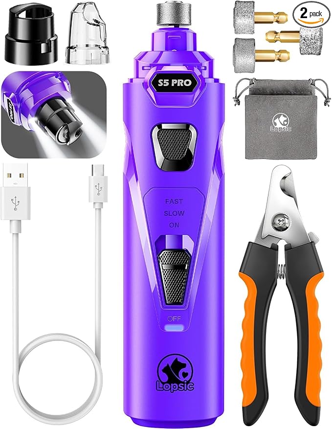 Whisper Quiet Dog Nail Grinder with 4 LED Lights, Safe & Stress-Free for Sensitive Dogs of All Breeds & Sizes, 3 Grinding Bits, 3-Speed, Pet Nail Trimmers, Rechargeable Painless Grooming Kit Purple