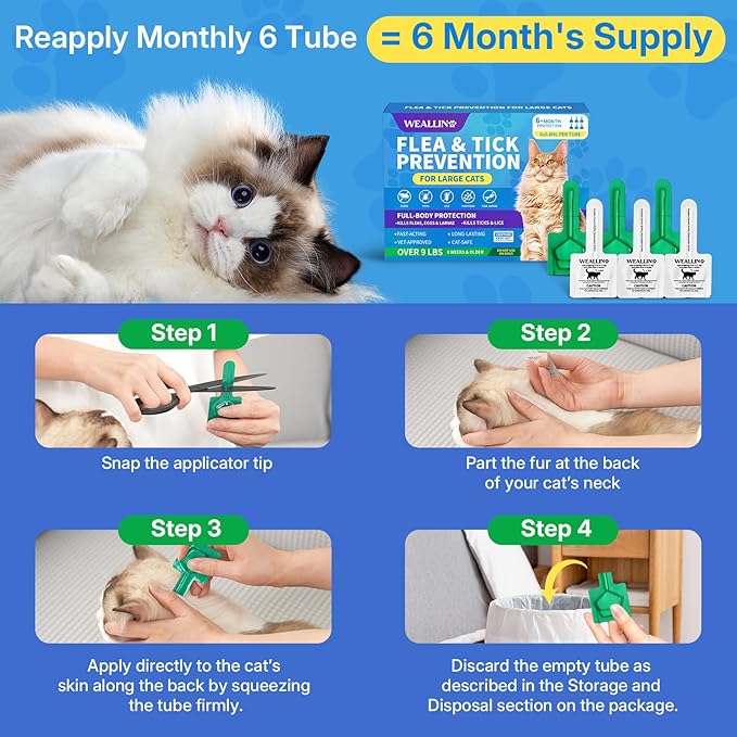 WEALLIN Flea and Tick Prevention for Large Cat, Fleas and Ticks Treatment for Cats Over 9 lbs, Topical Cat Flea Treatment, Fast-Acting & Long-Lasting Fleas Control for Cats, 6-Dose Supply