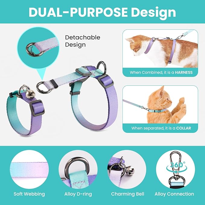 Cat Harness and Leash Set, Collars,Car Seat Belt [4 in 1 Detachable & Adjustable] Escape Proof Cat Harness, Comfortable Soft Lightweight, Walking Travel Kitten Harness for Small Medium Large Cats (S)