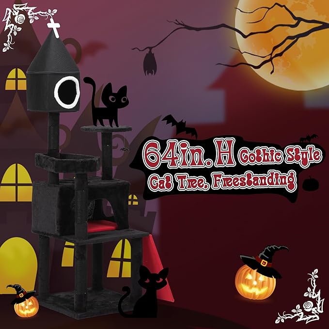 64" Gothic Cat Tree with Coffin Bed, Multi-Level Tall Black Cat Tower Cats with Top Perch, Spacious Condos, Spider Hanging Balls, Scratching Post and Ladder for Large Cats 22 lbs, Black & Red