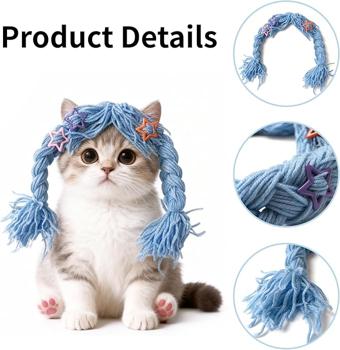 Cat Wig for Small Dogs & Pets, Cute Braided Yarn Costume, Funny Birthday Outfit Clothes, Soft Lightweight Accessory for Photos, Party Props and Daily Wear (Red)