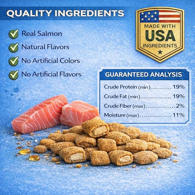 Salmon Cat Treats Crunchy Soft Filled Bites - Healthy Training Treats Indoor Cats Kittens Senior - Low Calorie Cat Snacks Food Topper No Artificial Flavors Wheat Soy Free All Breeds Made in USA 9 oz