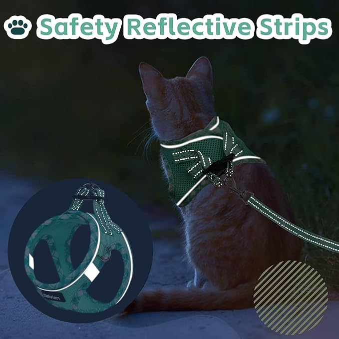 Cat Harness and Leash Set for Walking, Escape Proof Adjustable Soft Mesh Kitten Harness with Reflective Strips, Breathable No-Choke Pet Vest for Small Cats or Puppies(Green,XS)