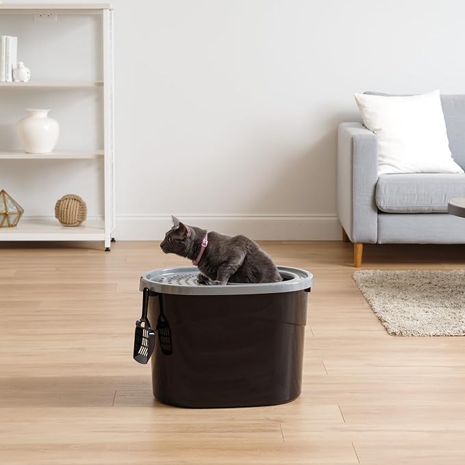 Iris Ohyama Cat Litter Box with Scoop, Up to 7kg, Black/Gray, Top Entry, Cat Litter Tray, Enclosed, for Kitten, High Sided, Hooded, Large, Jumbo, BPA Free, Deep, Easy to Clean, TECL-20