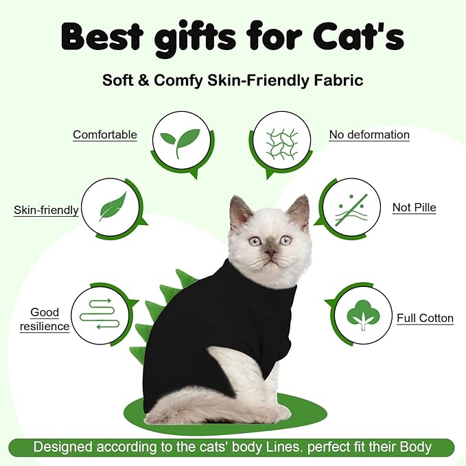 DENTRUN Sphynx Cat Clothes, Cute Dinosaur Design Hairless Cat Costume, Breathable Cotton Shirts Cat Clothes for Cats Only, Round Collar Kitten Daily T-Shirts with Sleeves, Cats Funny Cosplay Apparel