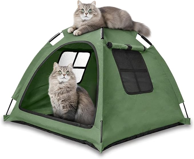 Anti-Anxiety Open Pet Tent, Calming Hideaway Monitoring Bed for Cats & Small Dogs, Breathable Mesh, Tool-Free Setup, Indoor Outdoor Travel, Green