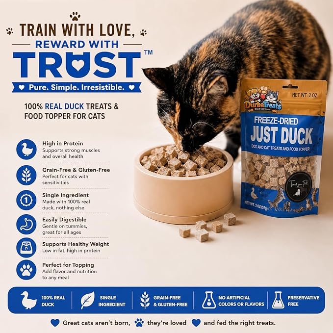 Freeze Dried Duck Large Pack Raw Dog & Cat Treats - Single-Ingredient Snacks, Food Topper Increase Appetite. Ideal for Pets with Allergies. Weight Control, Training Bites, High Protein (5 Ounce, Duck)