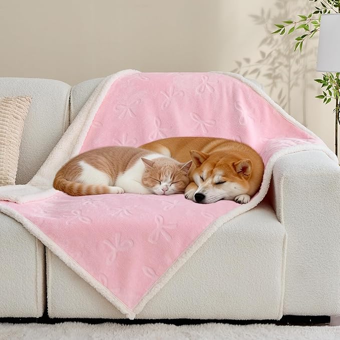 Qeils Pet Blankets for Cats - Waterproof Cat Blanket Washable - Sherpa Fleece Puppy Blanket, Soft Plush Reversible Throw Protector for Bed Couch Car Sofa, 40"X50", Pink Bows