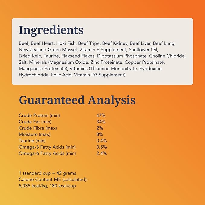 Feline Natural High Protein Dry Cat Food, Freeze-Dried Diet with 98% Meat, Organs & Seafood, No Peas, Grains, or Artificial Additives, Made in New Zealand, Beef & Hoki, 1.8lb