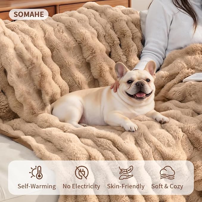 SOMAHE Dog Blanket, Reversible Sherpa & Bubble Fleece Pet Throw, Ultra-Soft Plush for Medium Dogs, Machine Washable, Anti-Static, Warm & Cozy, 39"×31" Inch Coffee