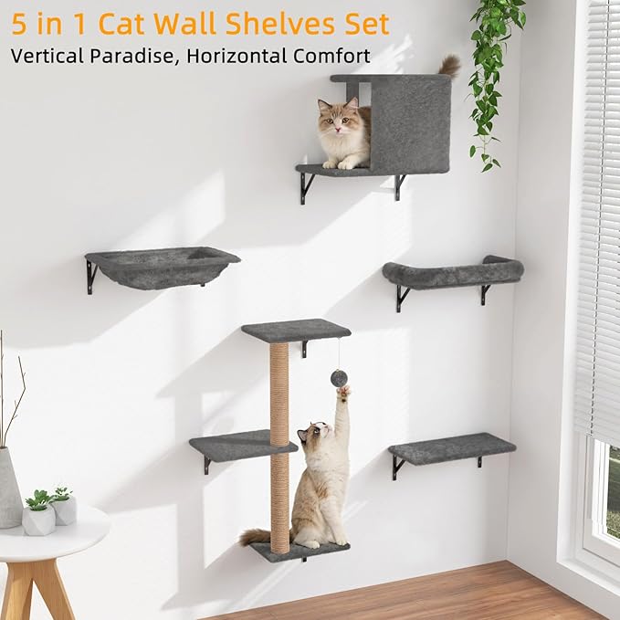 Cat Wall Shelves 5-Piece Set,Cat Walls Furniture for Indoor Large Cats Includes Bed, Cave, Scratching Post, Hammock, Space Saving Floating Shelves (Dark Gray)