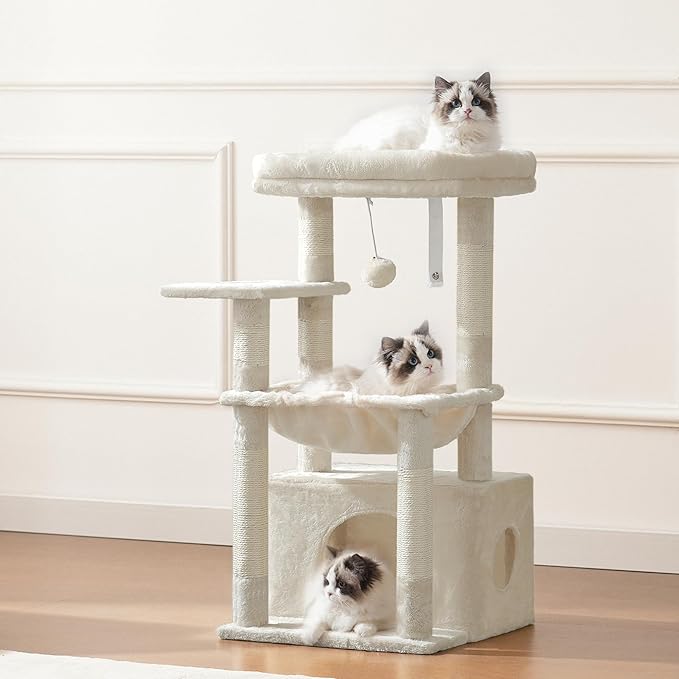 Heybly Cat Tree, Kitten Tower with Large Soft Cat Basket,Cat Condo with Spacious Cat Bed Cave with Hidden Space，Sisal-Covered Scratching Posts,Dangling Ball for Indoor Cats, Beige HCT008SM