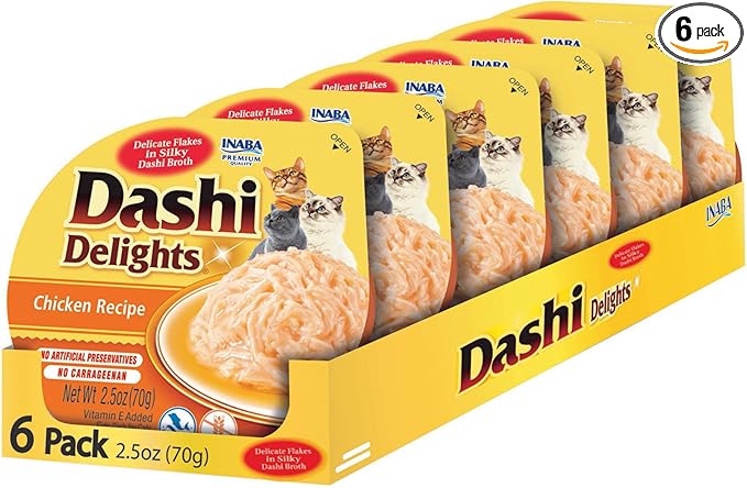 INABA Dashi Delights for Cats, Shredded Chicken Side Dish with Bonito Flake Broth, Cat Food Complement with Taurine & Green Tea Extract, 2.5 Ounce Cup, 6 Cups Total, Chicken Recipe