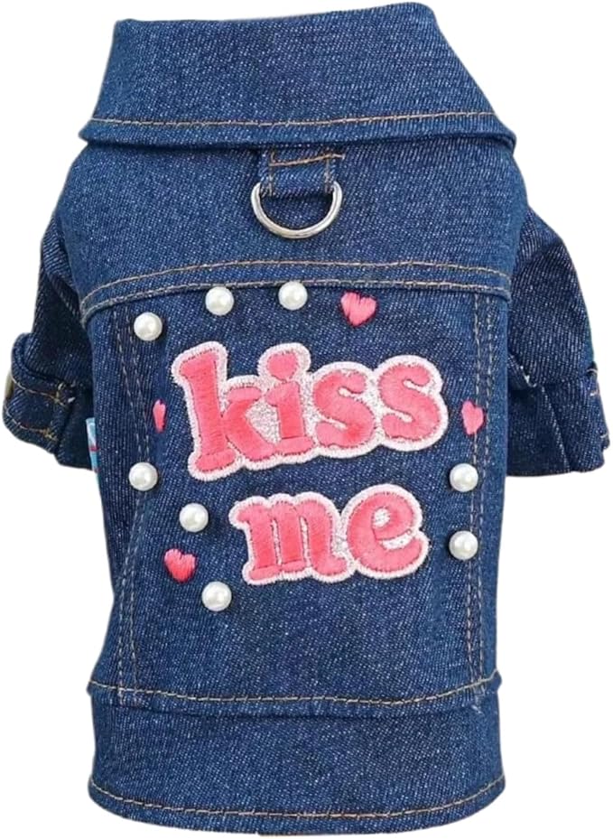 Dog Denim Jacket with Kiss Me Embroidery, Cute Pet Jean Coat with Pearl Decor, Small Dog Clothes for Puppy Cat, Stylish Dog Outfit for Walking & Photos(S)