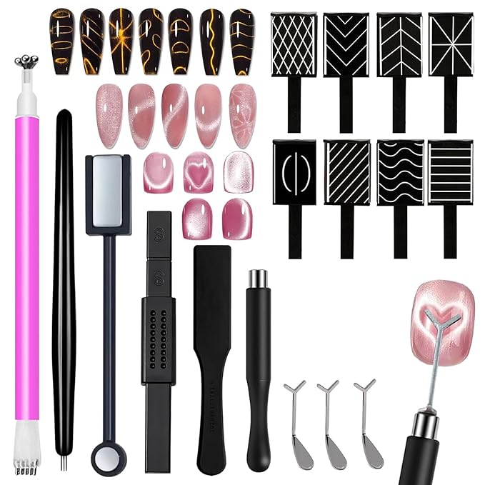 WOKOTO 14 Pcs Cat Eye Magnet For Nails With 3pcs Y-Shape Iron Stencil Set, Cat Eye Gel Nail Polish Magnet Tools Powerful Wand Magnet, Magnetic Nail Polish Square Round Heart Magnet Stick For Nails