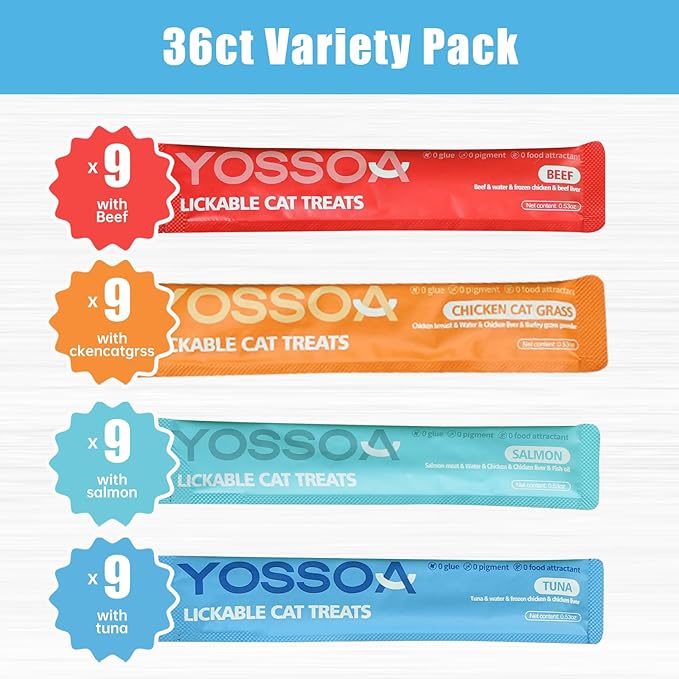 Lickable Cat Treats Variety Pack - 36 Sticks Wet Cat Treat Puree with Taurine, Fish Oil & Vitamins - Grain Free Lickable Puree for Immune & Heart Support for Picky Eaters (4 Variety Flavors)