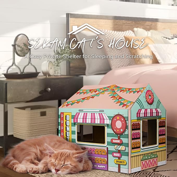 SEKAM Cardboard Cat House with Scratcher/Catnip (16.5'' x 12'' x 15''), Donut Shop for Indoor/Outdoor, Cat Scratch Box & Home Decor, Hideout for Small Animals