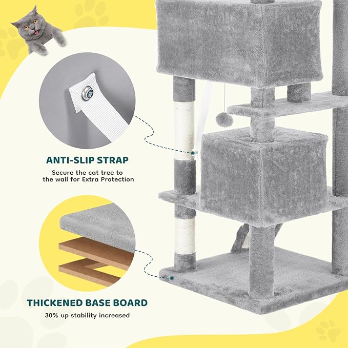 DUMOS 54 Inch Cat Tree Tower, Indoor Multi-Level Pet House for Large Cats with 2 Condos, Scratching Posts, Round Platform, Small Ladder, and Toys, Light Grey