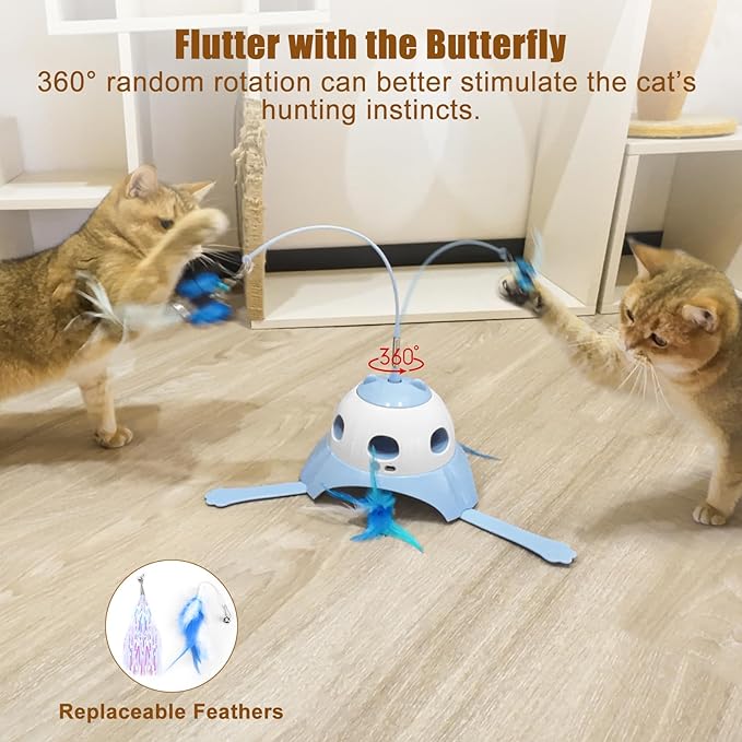 AIPERRO 3-in-1 Automatic Cat Toys for Indoor Cats, Fluttering Butterfly, Whack a Mole, Rotating Feather Wand, USB Rechargeable Interactive Feather Toys for Multi-cat Family (Blue)