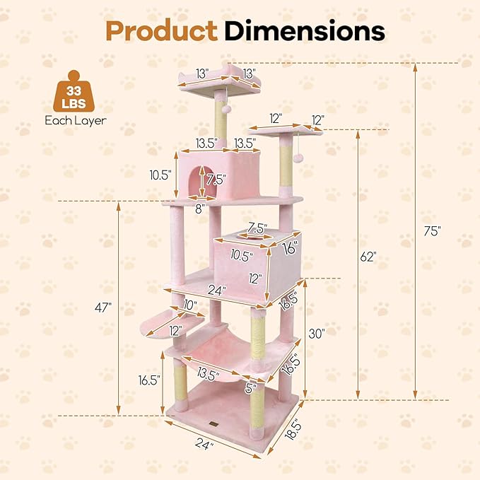DORTALA 75" Tall Modern Cat Tree, Multi-Level Cat Tower with Large Condos, Sisal Scratching Posts, Top Perch, Hammock, Dangling Balls, Kitten Beds & Climbing Furniture for Indoor Cats (Pink)