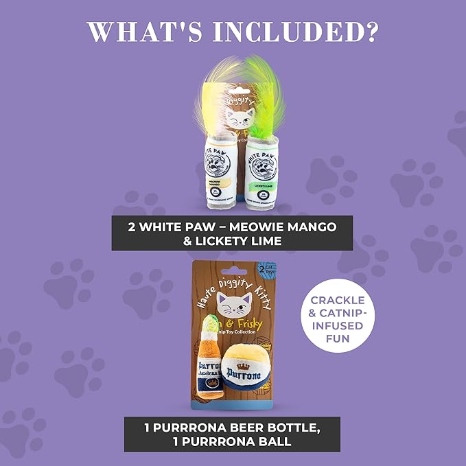 Haute Diggity Kitty White Paw Mango & Lime + Purrrona Beer Bottle & Ball Set, Plush Cat Toys Catnip Filled with Interactive Crackle Sound, Safe & Durable Toys for Cat & Kitten, 4 Pcs