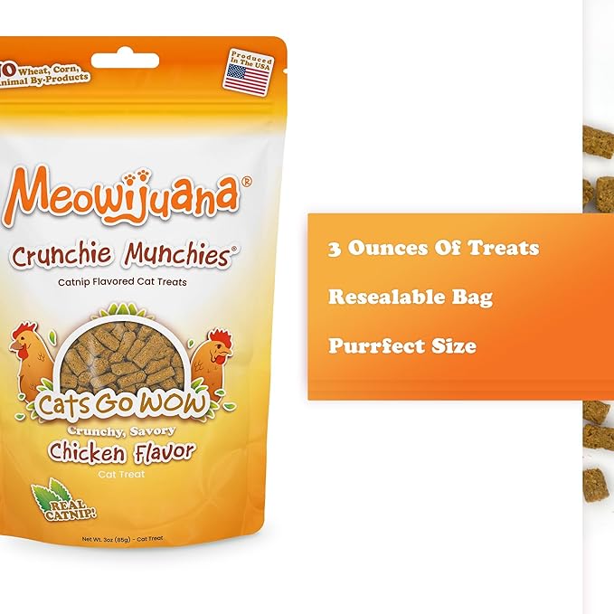 Meowijuana Chicken Treat Trio | 3-Pack Crunchie Munchie Chicken Catnip Treats | Low Calorie Cat Snack | Made with Organic Catnip | Produced in the USA