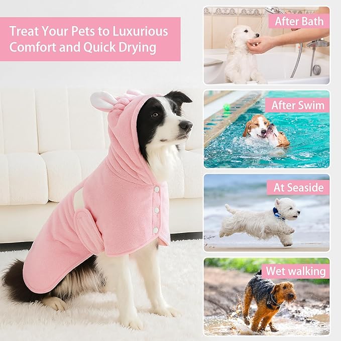 Pet Bathrobe Towel Dog Cat Drying Coat Super Absorbent Cute Dogs Bath Towel Hooded Robe Adjustable Collar & Belly Strap for XSmall to XLarge Pets (Pink, Medium)