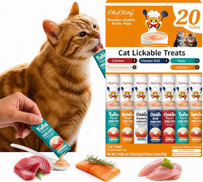 Cat Treats Lickable | Grain-Free Cat Food Toppers, High Protein | Creamy Puree Squeeze Ups with Vitamin E & Taurine, Digestible Formula | 0.5 oz. Each Tube, Chicken & Seafood Mix Variety | 20 Tubes