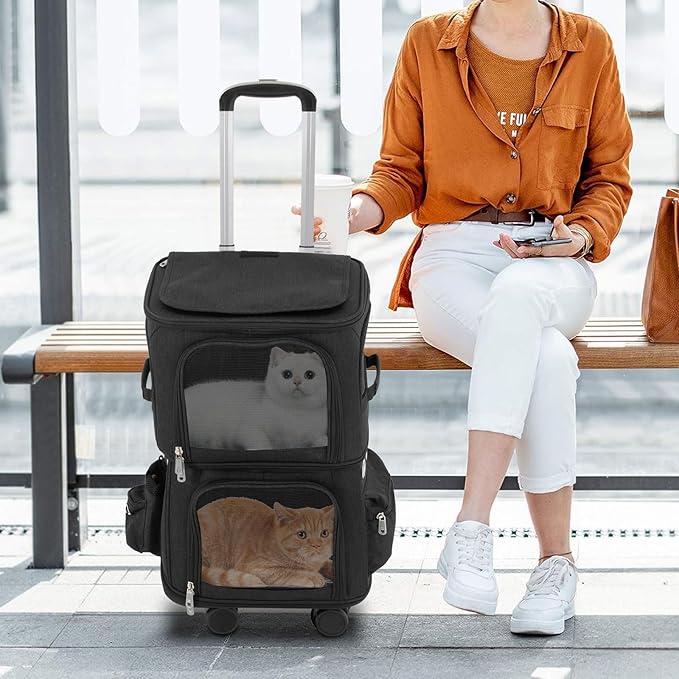 Double-Compartment Pet Carrier Backpack with Wheels for Small Cats and Dogs, Cat Rolling Carrier for 2 Cats, Perfect for Traveling/Taking a Walk/Trips to The Vet,for Up to 22 LBS (Black)