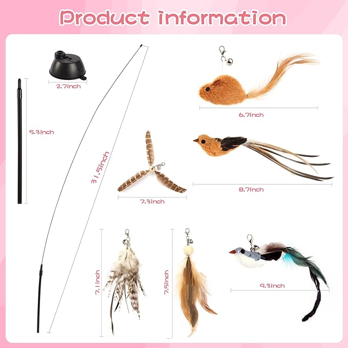 Assortment of Cat Feather Toy,Cat Wand Toy Pack,Interactive Bird Simulation Cat Toy Set with Sticky Super Suction Cup,Include Detachable Replacements Feathers Toys (Small, 6PC Set)