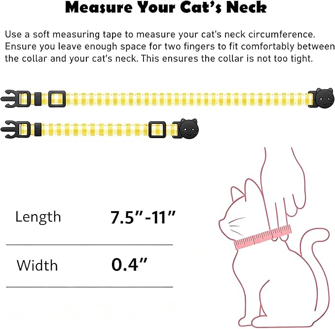 2 Pack Cotton Breakaway Cat Collars with Bell and Charms Yellow Solid Plaid Safety Collars for Girl Boy Cats, Cat Head and Paw Pendant Cute Kitten Collars