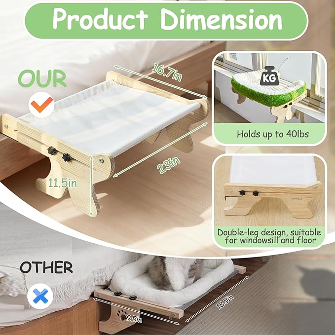 Woochpet cat Window Perch for Indoor Cats Large Window Hammock with Washable Cover Suitable for All Seasons cat Window Bed for Adults Cats and Kittens(White and Green)