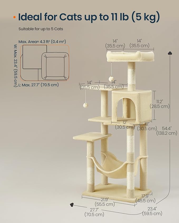 SONGMICS HOME Cat Tree for Indoor Cats, Multi-Level Cat Tower with Sisal Scratching Posts, Hammock and Condo, Beige