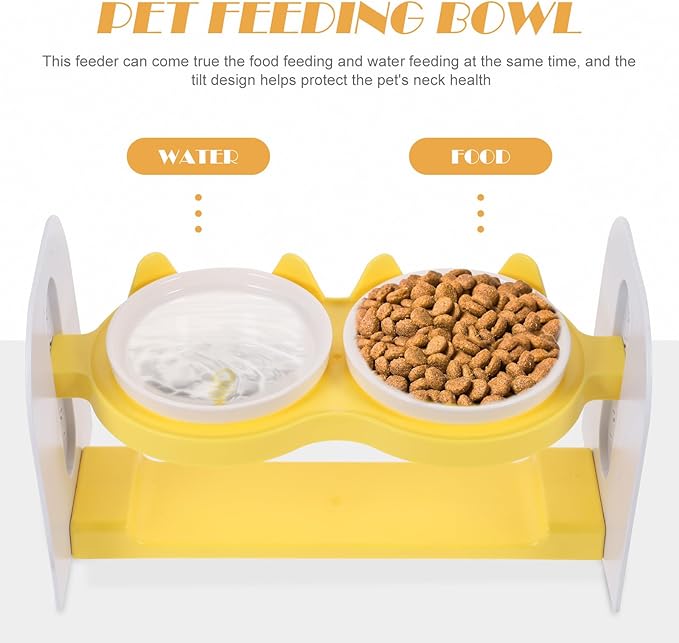 Ceramic Raised Cat Bowl Set Adjustable Height and Tilt, Yellow Non-Slip Floor Pet Bowls for Dogs and Cats, Sturdy Reusable Feeding and Watering Station