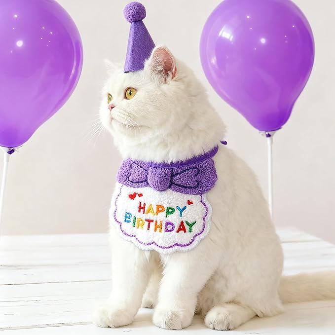 Reusable Cat Birthday Decorations Set - Adjustable Cat Birthday Hat & Bandana with Age Numbers | Kitty Celebration Kit for Memorable Milestones（Purple）