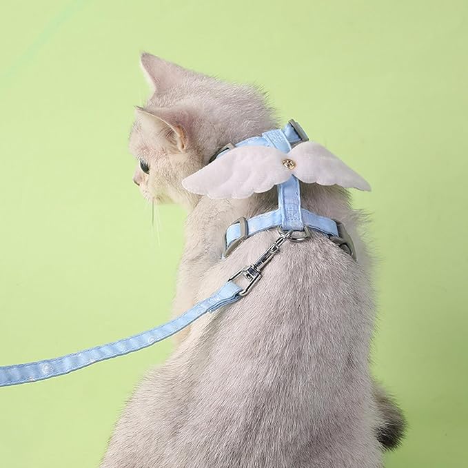 Cat Harness and Leash Set White Wing for Outdoor Travel Walking Escape Proof Soft Safe Adjustable Kitten Puppy Small Strap Angel Style Blue, M