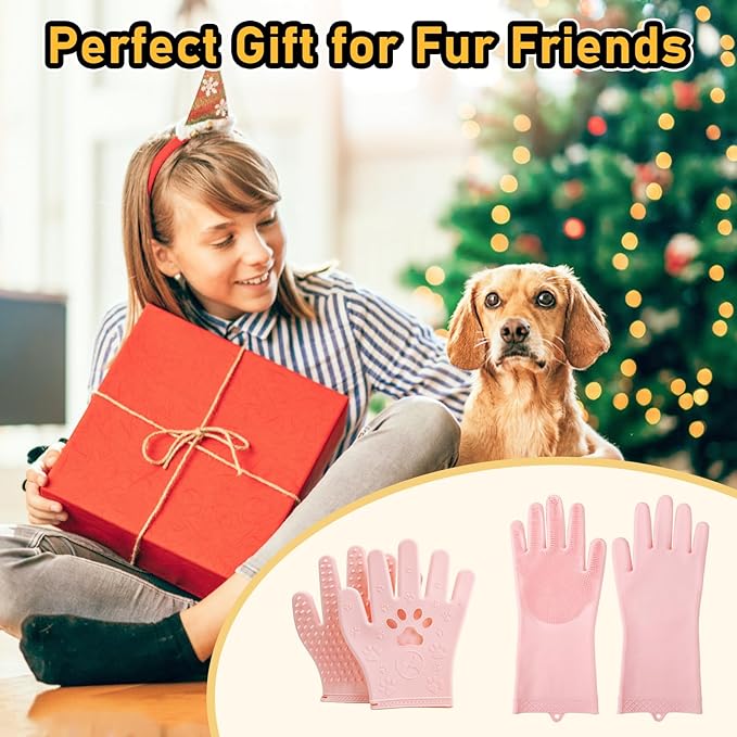 Hair Removal Glove & Pet Grooming Gloves 2 Pair, Upgrated Silicone Pet Hair Remover Gloves Shedding Glove for Long & Short Hair, Bath Grooming Glove with Gentle Brush for Horse Sensitive Pets, Pink