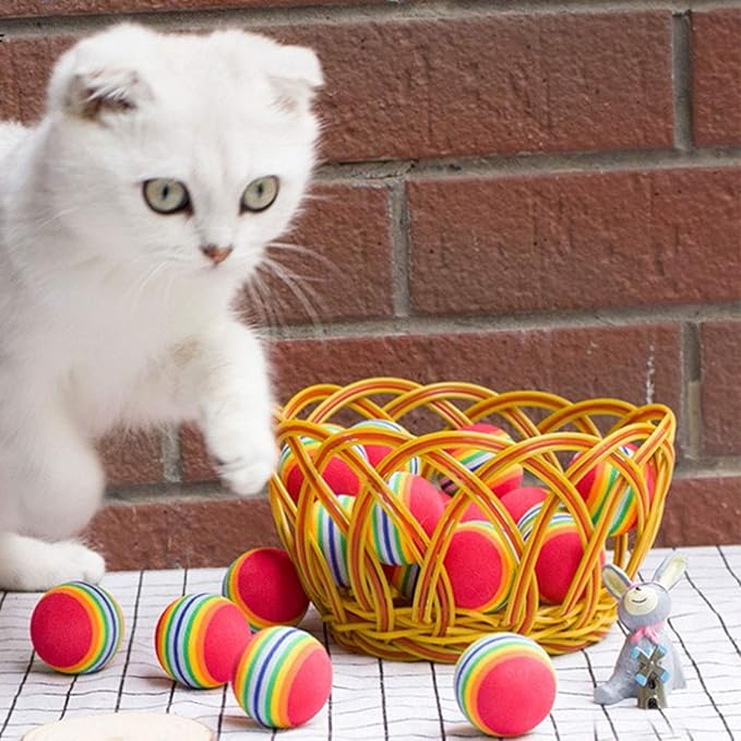VOVIGGOL 12 Pack 2 Color Rainbow Cat Toy Balls Soft EVA Foam Interactive Indoor Kittens Favorite Toys 1.38" Dia. Small Dogs Puppies Toy Balls Bulk Activity Chase Quiet Play Sponge Ball