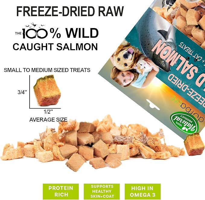 Freeze-Dried Wild-Caught Pink Salmon Treats for Dogs & Cats - Nutrient-Dense, Single-Ingredient Snack, Food Topper. Gluten-Free Weight Control, Training Bites, Allergy Friendly (2.5 Ounce, Salmon)