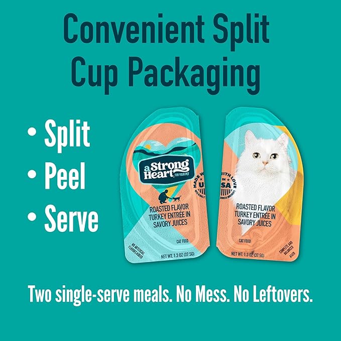 A Strong Heart Split Cup Wet Cat Food, Roasted Turkey Entree - 2.6 oz Split Cups, 20 Servings (Pack of 10), Made in The USA with Real Turkey