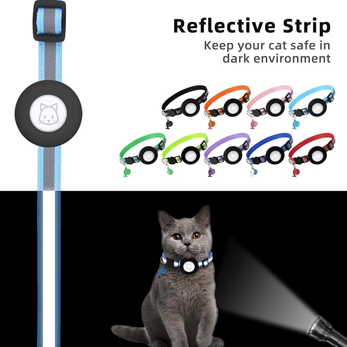 Airtag Cat Collar, Air tag Cat Collar with Bell and Safety Buckle in 3/8" Width, Reflective Collar with Waterproof Airtag Holder Compatible with Apple Airtag for Cat Dog Kitten Puppy (Black+Blue)