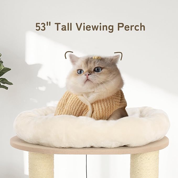 NUNU Modern Cat Tree, Modern Cat Trees Tower, Wooden Cat Tree for Large Cats, 53" Cat Tower for Indoor Cats, Hand-Woven Condo & Top Perch, for Kittens Climb, Play & Rest