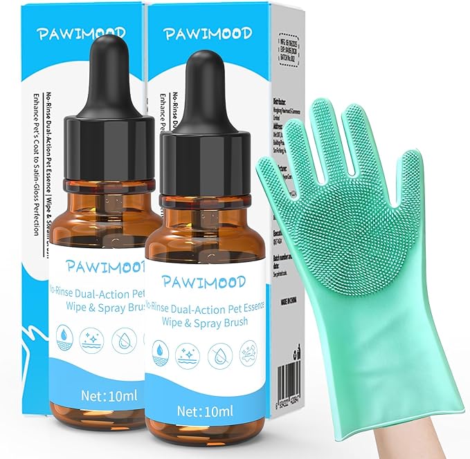 2Pcs Waterless No-Rinse Pet Shampoo Essence for Dogs & Cats with Green Grooming Gloves | Pomegranate Scent for Skin & Coat Care | Includes 5-Finger Bathing & Massage Gloves for Dogs/Cats
