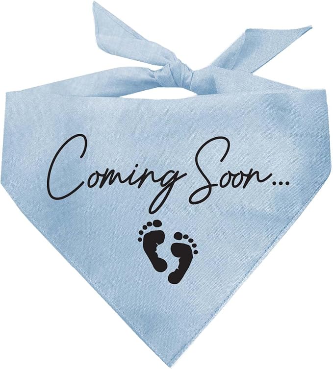 Coming Soon Dog Bandana | 100% Cotton Adjustable Triangle | Made in USA | Pregnancy Announcement | Photoshoot Prop | New Baby | Gender Reveal |Baby Blue, X-Small (769)