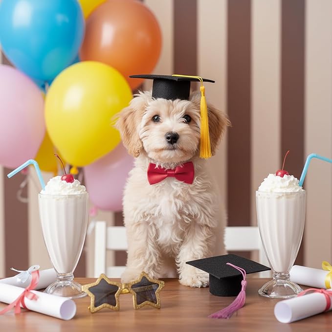 Mini Graduation Caps with Gold and Pink Tassel, 2 Pack Black Mini Graduation Caps, Small Animal Bachelor Hats for Adjustable Pet Graduation Photo Props Cat Dog Holiday Costume Accessories
