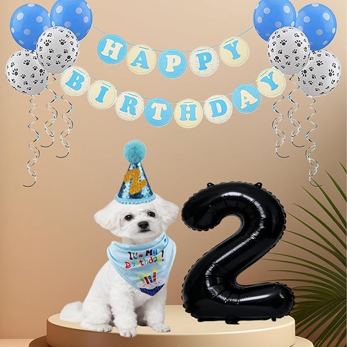 Dog Birthday Party Supplies with Bandana and Party Hat with Numbers, Happy Party Banner and Bollon for Small Middle Dogs Blue Birthday Boy Girl Scarf (Blue)