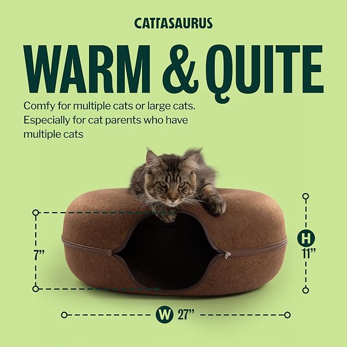 Cattasaurus Peekaboo Cat Cave Donut for Multiple & Large Cats up to 30-45 lbs, 3-in-1 Self Warming Cat Bed, Tunnel & Scratcher for Indoor Cats, Washable & Detachable Small Dog Bed (Brown, Jumbo)